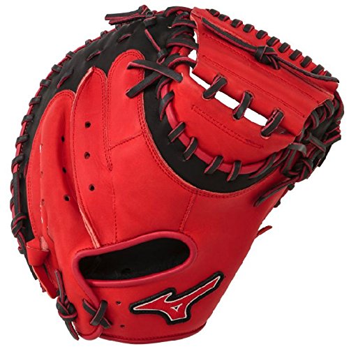 Mizuno GXC50PSE3 Catchers Mitt 34 inch MVP Prime (Red-Black, Right Hand Throw) : Patent pending Heel Flex Technology increases flexibility and closure. Center pocket design. Strong edge creates a more stable thumb and pinky. Smooth professional style. Oil Plus leather, the perfect balance of oiled softness for exceptional feel and firm control that serious players demand. Durable Steer soft palm liner. Matching outlined embroidered logo. Two tone lace