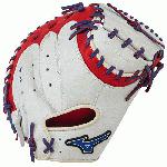 Mizuno GXC50PSE3 Catchers Mitt 34 inch MVP Prime (Silver-Red-Royal, Right Hand Throw) : Patent pending Heel Flex Technology increases flexibility and closure. Center pocket design. Strong edge creates a more stable thumb and pinky. Smooth professional style. Oil Plus leather, the perfect balance of oiled softness for exceptional feel and firm control that serious players demand. Durable Steer soft palm liner. Matching outlined embroidered logo. Two tone lace