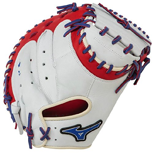 Mizuno GXC50PSE3 Catchers Mitt 34 inch MVP Prime (Silver-Red-Royal, Right Hand Throw) : Patent pending Heel Flex Technology increases flexibility and closure. Center pocket design. Strong edge creates a more stable thumb and pinky. Smooth professional style. Oil Plus leather, the perfect balance of oiled softness for exceptional feel and firm control that serious players demand. Durable Steer soft palm liner. Matching outlined embroidered logo. Two tone lace