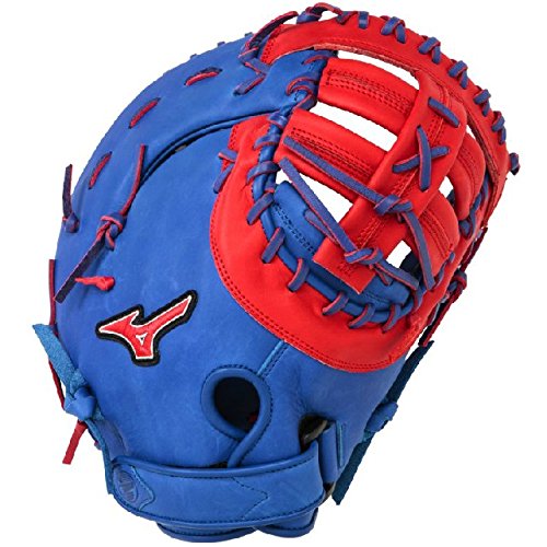 Mizuno GXF50PSE3 MVP Prime First Base Mitt 13 inch (Royal-Red, Right Hand Throw) : Patent pending Heel Flex Technology increases flexibility and closure. Center pocket design. Strong edge creates a more stable thumb and pinky. Smooth professional style. Oil Plus leather, the perfect balance of oiled softness for exceptional feel and firm control that serious players demand. Durable Steer soft palm liner. Matching outlined embroidered logo. Two tone lace.