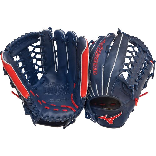 Mizuno GMVP Prime Baseball Glove. Center Pocket design, Strong Edge creates a more stable thumb and pinky. Smooth professional style Oil Plus leather - perfect balance of oiled softness for exceptional feel and firm control that serious players demand. Durable SteerSoft Palm Liner, Matching outlined embroidered logo. Plus grip thumb for exceptional comfort. 12.75 inch Outfield Pattern. Color Navy Red. Shock 2 Web. One Year Manufacturer's Warranty.