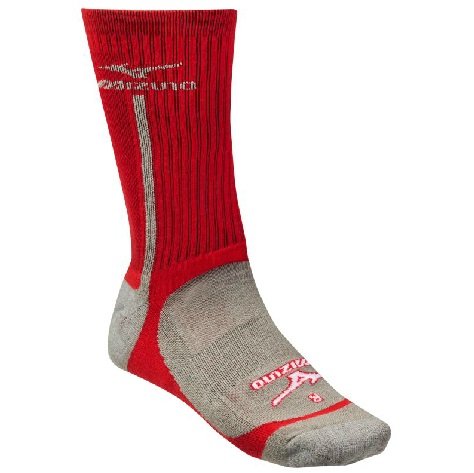 Mizuno Performance Highlighter Crew Sock (RedGray, Large) : The Mizuno performance highlighter socks from Mizuno are designed to compliment the latest footwear line. Comfortable, lightweight and right and left specific design make the highlighter socks a must-have. 55% Polyester30% Cotton13% Nylon2% Spandex Mizuno Runbird logo on lateral side of ankle and on top of foot Right and left specific design Padded heel and forefoot Cooling mesh along Achilles heel Unique design developed to interact with the Lightning RX2 volleyball shoes