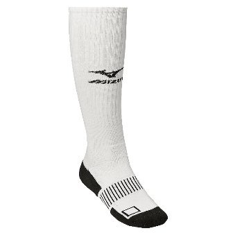 Mizuno Performance Plus Knee Hi Socks (White, Large) : The Mizuno Performance Plus Knee Hi Socks are a high-performance, knee high sock that features a padded heel and forefoot for superior comfort and cushioning. The Performance Plus Knee Hi Socks also feature a tight-knit construction for superior durability and X-wrap technology for improved stability. The seamless toe provides for improved comfort, while the personalized name plate makes sure everyone knows these socks are yours. The Performance Plus Knee Hi Socks feature a striped arch for superior support as well as improved ankle support. The include y-heel technology helps lock the socks in place, while the gripper elastic top keeps the socks up on the leg without falling down.