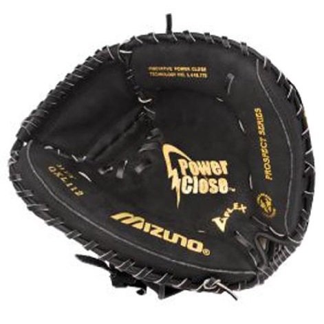 Mizuno Prospect GXC112 Baseball Catcher's Mitt 31.5 (Right Handed Throw) : Mizuno Prospect GXC112 Baseball Catcher's Mitt 31.5. The Prospect is made to help younger players fall in love the game. Designed with PowerClose technology to make catching easy, and crafted to last. This is where future hall of famers get their start! The ORIGINAL Technology to help youth players. ParaShock™ palm pad and Butter Soft lining in selected models reduce shock to minimize sting. Patented PowerClose® MAKES CATCHING EASY! Powerlock™ closure for maximum performance. Helps youth players learn to catch the right way; in the pocket. 31.50 Youth Sized. Style 311668 Technology. Parashock Palm Pad. PowerClose Technology. PowerLock. V-Flex Notch.