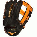 Mizuno Slowpitch GMVP1250PSES3 Softball Glove 12.5 inch (Black-Orange, Right Hand Throw) : Patent pending Heel Flex Technology increases flexibility and closure. Center pocket design. Strong edge creates a more stable thumb and pinky. Smooth professional style. Oil Plus leather, the perfect balance of oiled softness for exceptional feel and firm control that serious players demand. Durable Steer soft palm liner. Matching outlined embroidered logo. Two tone lace.