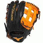 Mizuno Slowpitch GMVP1300PSES3 Softball Glove 13 inch (Black-Orange, Right Hand Throw) : Patent pending Heel Flex Technology increases flexibility and closure. Center pocket design. Strong edge creates a more stable thumb and pinky. Smooth professional style. Oil Plus leather, the perfect balance of oiled softness for exceptional feel and firm control that serious players demand. Durable Steer soft palm liner. Matching outlined embroidered logo. Two tone lace