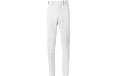 Mizuno Youth Select Pant Full Length White Small. 100% Polyester Double Knit. Two set-in back pockets with button closure. Double knee. Tunnel-belt-loop waist. Unhemmed bottom. Inseams: S(29), M(30), L(31), XL(32), XXL(33), XXXL(34). Waist Sizes: S(22-24), M(24-26), L(26-28), XL(28-30), XXL(30-32), XXXL(32-34). Fly front with extended two-snap closure.