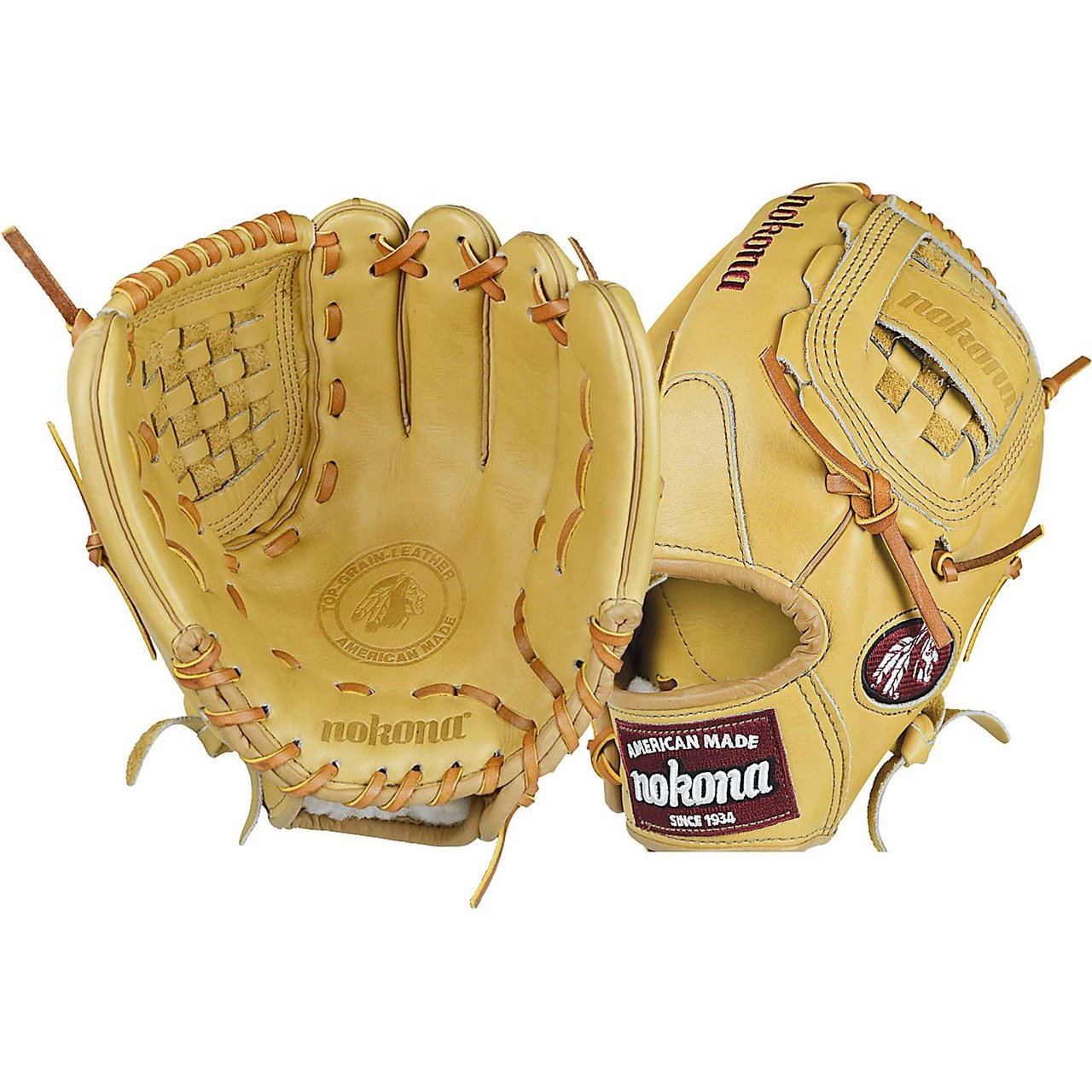 Nokona 12 inch American Legend Baseball Glove (Right Handed Throw) : A full Nokona Sandstone glove. The American Legend is a stiff, sturdy, durable glove which is a traditional Nokona. This glove is for the player looking for structure and durability, and allows for more custom break-in. Form it to your preference. The American Legend will maintain its shape over a long period of time, and provides exceptional durability. The glove has a modified trap web and open conventional back. Ideal for pitching or just playing catch.