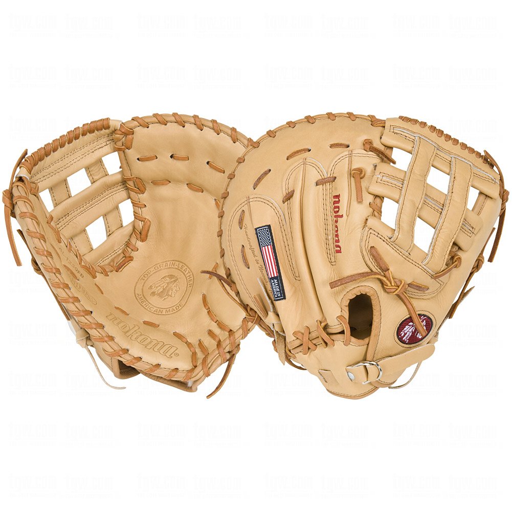 Nokona American Legend Series First Base Mitt AL1250FBH (Right Handed Throw) : A full Nokona First Base Mitt Sandstone glove. The American Legend is a stiff, sturdy, durable mitt. A traditional Nokona. This glove is for the player looking for structure and durability, and allows for more custom break-in. Form it to your preference. The Nokona American Legend will maintain its shape over a long period of time, and provides exceptional durability.