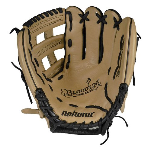 Nokona's top-of-the-line bloodline baseball glove is now available in a blacksandstone leather combination. The glove has all of the same great qualities that you have come to know and love from Nokona's Bloodline, just with a different color. Size 11.75 Infield Pattern. H Web. Open Back. One Year Manufacturer's Warranty. The top-of-the-line Bloodline Series is now offered in BlackSandstone Leather combination. These Pro-Elite baseball gloves provide the perfect combination of sturdiness and comfort, and are offered in specially designed patterns for each position on the field. The Bloodline series will require heavier break-in - it is a strong, firm glove that will last. Made with genuine shearling cuff.