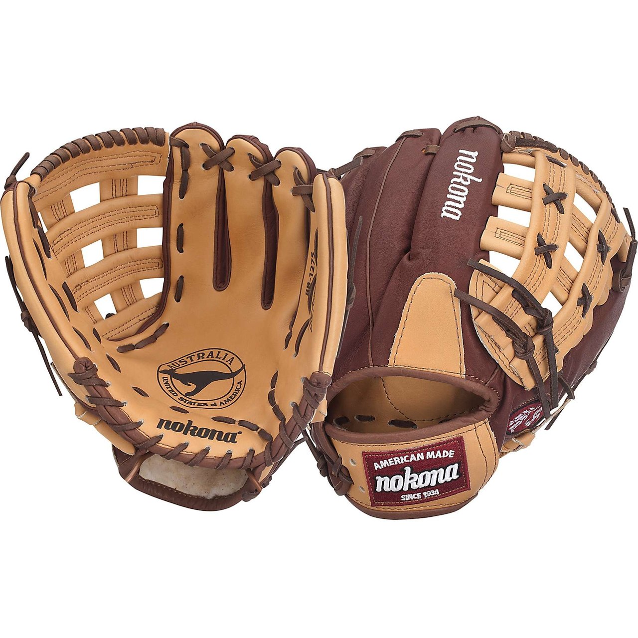 Nokona Buckaroo (SandstoneChocolate Kangaroo) Baseball Glove H Web 11.75 (Right Handed Throw) : Chocolate Kangaroo Leather on the back of the hand with sturdy Sandstone leather on the palm. Kangaroo leather is amazingly storng and lightweight, and Sandstone adds the body and form needed to maintain a solid pocket and overall fit.