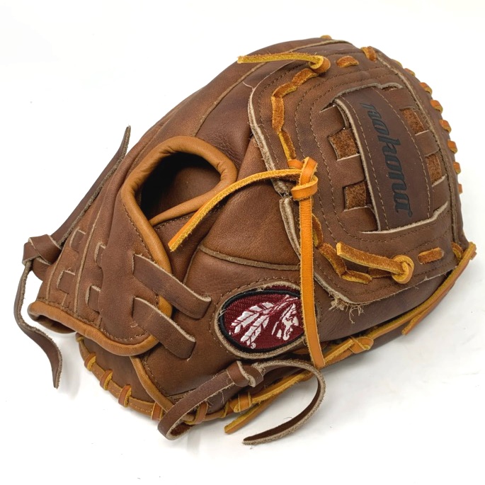 Nokona American Made Baseball Glove with Classic Walnut Steer Hide. 11 inch pattern and closed back with basket closed web. Index Finger Pad. American Flag.