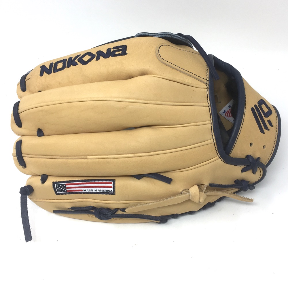 nokona-skn-series-baseball-glove-12-75-right-hand-throw SKN-8-NV-RightHandThrow Nokona 808808892502 12.75 Outfield Pattern H-Web Palm Leather American Bison Back Leather Japanese