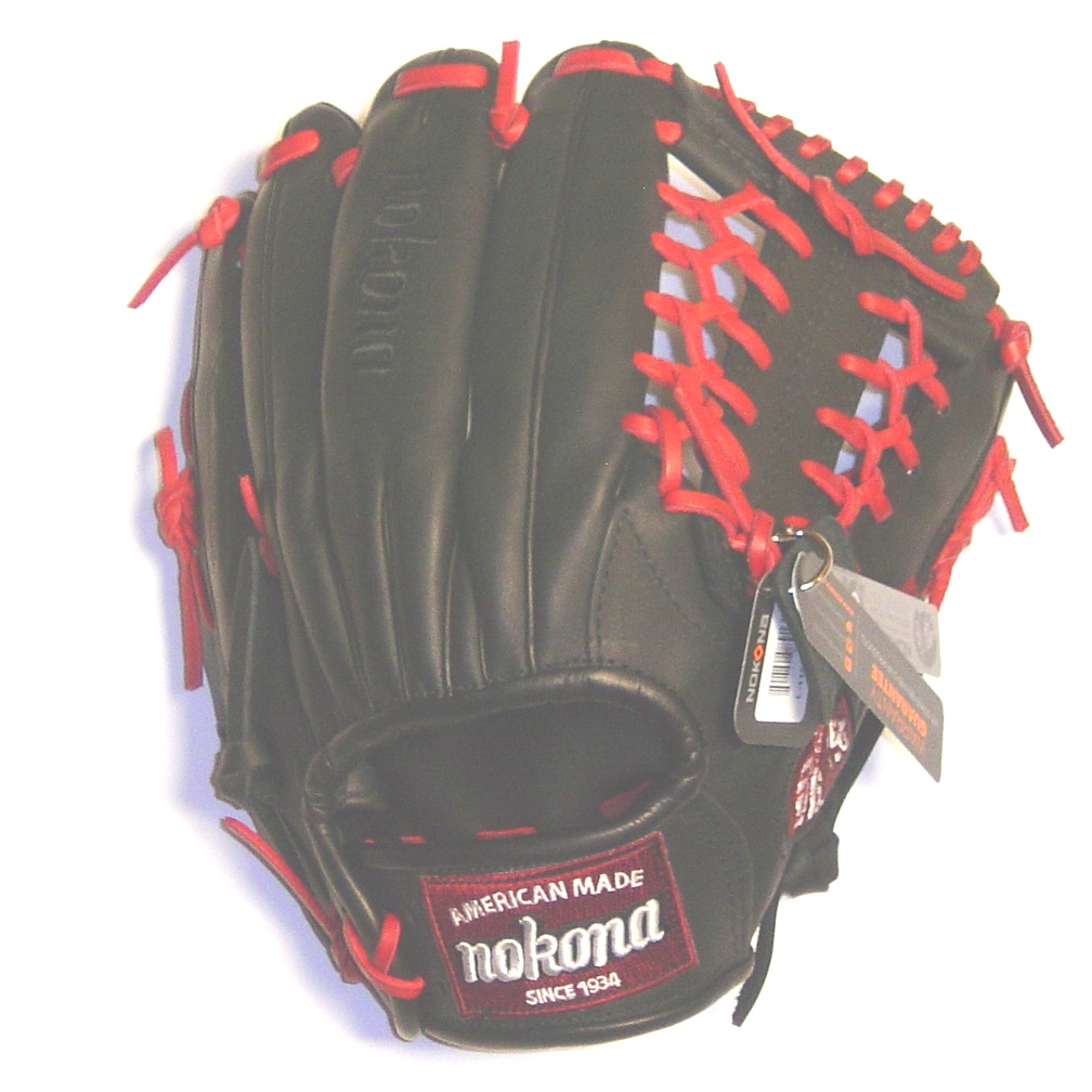 Nokona professional steerhide baseball glove with red laces, modified trap web, and open back.