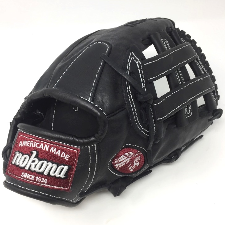 Nokona preminum steerhide black baseball glove with white stitching and h web. The Nokona Legend Pro is a top-of-the-line glove that is made is made entirely from full Sandstone Leather, which is noted for its light color and medium to firm feel. This glove is ideal for a player looking for structure, durability, and a custom break-in. As with all high quality gloves, the Legend Pro will take effort to break in, but it will be well worth it! Once the Legend Pro is game ready, it will maintain its shape and offer exceptional durability for as long as your own the glove. Nokona has built a reputation for providing the highest quality gloves, which are made right here in the USA.