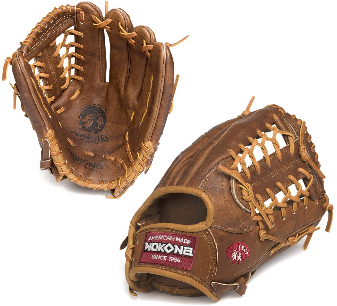 The Nokona 12.75 inch baseball glove is a testament to Nokona's rich history of crafting top-quality ball gloves in America for over 80 years. Designed with a passion for excellence, this glove showcases the company's dedication to creating exceptional sporting equipment. Crafted with Nokona's proprietary Walnut Crunch leather, this glove offers unparalleled stability, durability, and a game-ready feel right out of the box. The Walnut Crunch leather is a signature material that has become synonymous with Nokona's commitment to excellence. Known for its supple yet sturdy nature, this leather ensures that the glove will endure rigorous use on the field while maintaining its integrity over time. Featuring a 12.75-inch model, this glove is ideal for outfielders who require an extended reach to make those game-changing catches. The modified trap web design enhances ball control and allows for quick transfers, ensuring that fielders can secure the ball with ease. The open back design of this glove provides players with added flexibility and freedom of movement, allowing for quick and precise actions on the field. Whether it's reaching for a fly ball or making a throw to home plate, this glove enables players to perform at their best. Weighing approximately 680 grams, this glove strikes a perfect balance between comfort and performance. It offers a substantial feel without being overly cumbersome, allowing players to maintain agility and responsiveness. As a testament to Nokona's commitment to American craftsmanship, this glove is proudly made in the USA. Each glove is meticulously handcrafted by skilled artisans who take pride in their work, ensuring that every stitch and detail is of the highest quality.