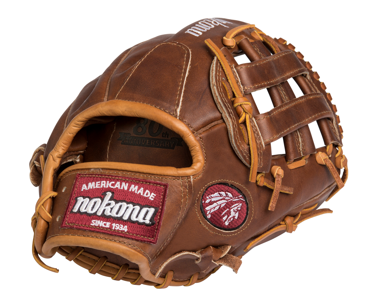 Made in USA    Nokona WB-1200H Walnut Baseball Glove 12 inch Right Hand Throw. Nokona has built its reputation on its legendary Walnut Leather. Now made with our proprietary Walnut HHH Leather which provides greater stiffness and stability. Once this glove is worked in, this glove is soft and supple, yet remains sturdy - a true, classic Nokona. Nokona made their first glove in 1934. Made in Nocona, Tx Nokona trademarked their name with a K because the towns name could not be trademarked. Later own Nokona found out it is an accepted spelling for the Nokona in the Comanche Indian language. Named after a Comanche chief the gloves are handmade and for the longest time only baseball gloves made in USA. 