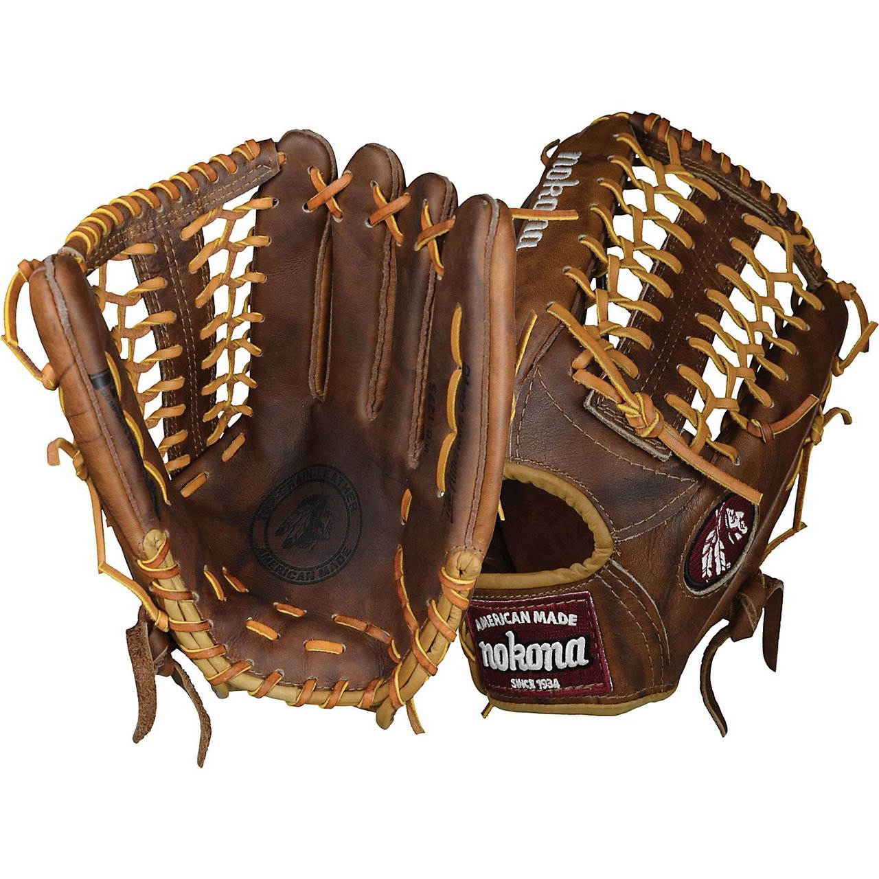 Made in USA    Nokona classic walnut leather baseball glove with modified trap web and open back. The Nokona WB-1275M Classic Walnut Baseball Glove Features 12.75 Inch Nokona Baseball Glove Pattern. 100 Percent Top of the Line Walnut Leather. Web: Modified Trap Web With Open Back. Glove Position Outfield. 1 Year Manufacturer's Warranty. Nokona has built its reputation on legendary Walnut Crunch Leather.  Soft and supple, yet sturdy and pliable, this baseball glove from Nokona is immediately ready for play.  Nokona Athletics has been designing and producing high quality hand made Nokona baseball gloves in Nocona, Texas since 1934.  When you choose a Nokona glove, you are choosing perfection and pride... Nokona Baseball and Softball Gloves are quite simply the finest gloves on the market.