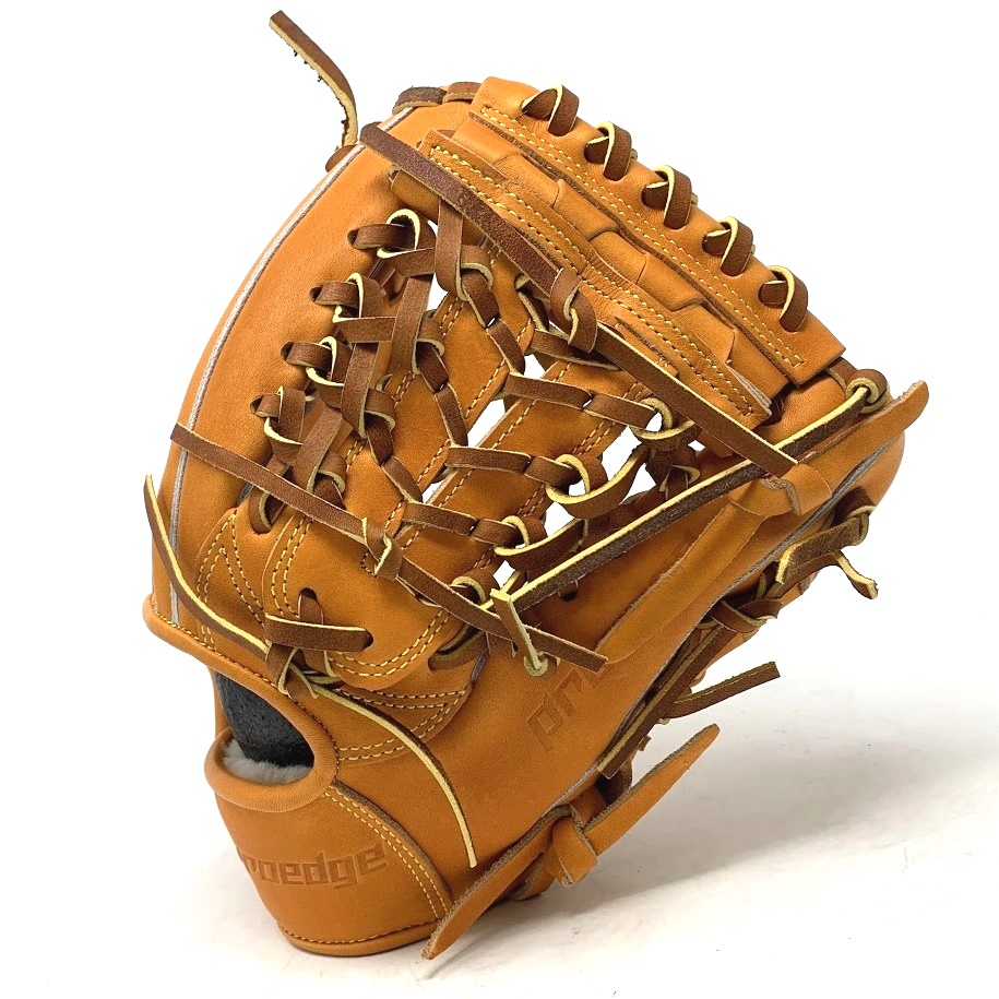 Very stiff 11.75 inch orange Japan Kip baseball glove with black sheepskin lining.