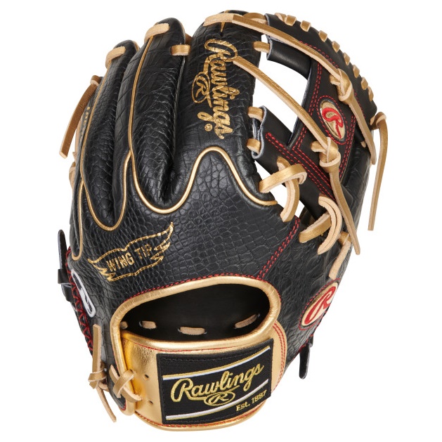  The 6th generation of the Rawlings Gold Glove Club exclusive Goldy gloves Constructed from Rawlings’ world-renowned Heart of the Hide® leather 11 ½” 200 pattern is ideal for infielders Pro I™ web allows for quicker transfers Hand sewn welting for added comfort in the thumb and pinky Unique look created by the croc-embossed leather Features an eye-catching ColorSync black and gold embroidered patch logo 