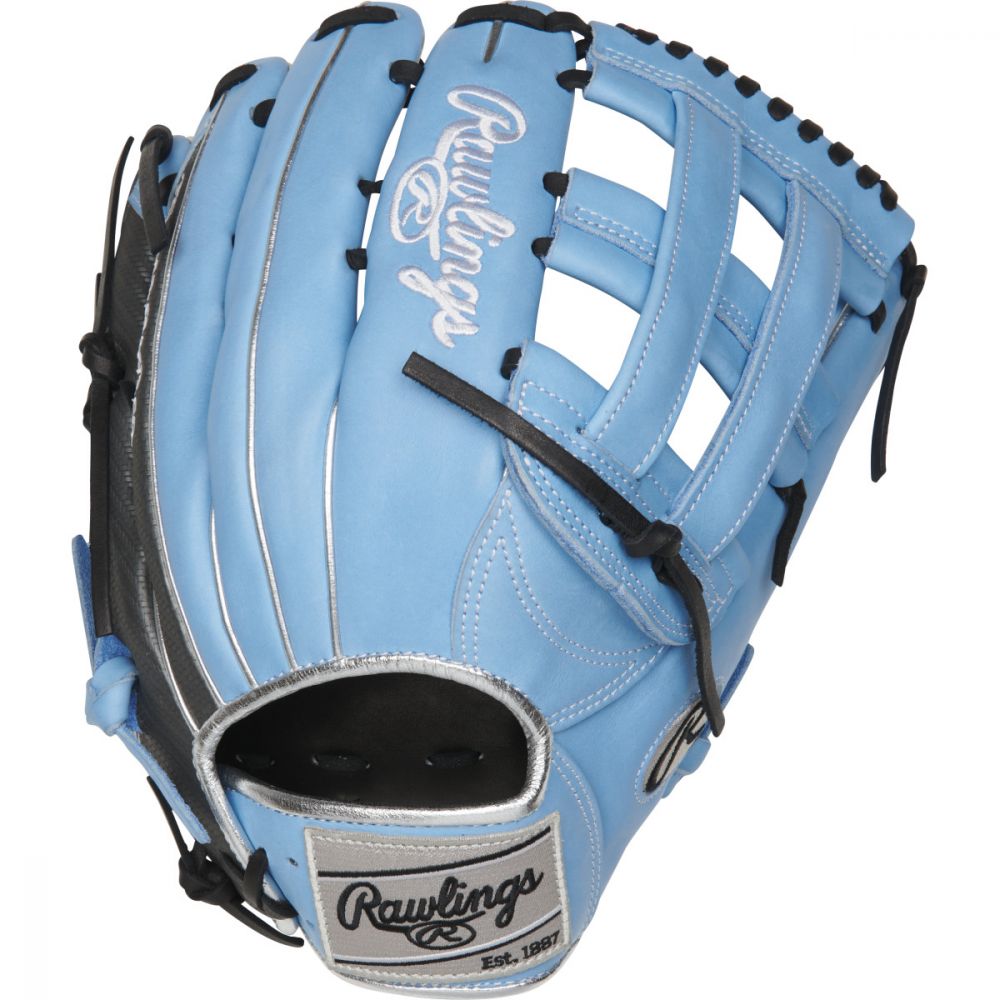 The 12.75-Inch Heart of the Hide ColorSync outfield glove is constructed from ultra-premium steer-hide leather, and provides unmatched durability and comfort from top to bottom. With deer-tanned cowhide palm lining, you'll notice a comfortable, soft touch every time you make a catch. As a result, you'll be able to focus on quicker glove to hand transfers. In addition, the fourth edition Rawlings ColorSync line provides a sleek, stylish look that will match your teams' colors perfectly. The Hyper Shell trim pops with the Columbia Blue back, while the Silver ColorSync patch ties it together. Get one of the best gloves in the game in limited edition colors hardly anyone else will have. Baseball Back: Conventional Player Break-In: 60 Fit: Standard Level: Adult Lining: Deer-Tanned Cowhide Pattern: Pro Position: Outfield Series: Heart of the Hide ColorSync Shell: Steer Hide Leather Web: Pro H Size: 12.75 in