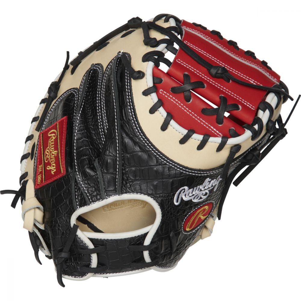 The Heart of the Hide ColorSync 34-Inch catcher's mitt provides an unmatched look and feel behind the plate. It's crafted from ultra-premium steer-hide leather which offers superior quality, the croc-embossed leather back gives it unique flash. As a result, you'll turn heads with your play and your style on the field! In addition, the deer-tanned cowhide lining and thermoformed wrist pad provide exceptional comfort under even the worst playing conditions. Its popular YM4 pattern also provides a large pocket to help you frame pitches on the corner with ease. Baseball Back: Conventional Player Break-In: 60 Fit: Pro Level: Adult Lining: Deer-Tanned Cowhide Padding: Moldable Pattern: Baseball Position: Catcher Series: Heart of the Hide ColorSync Shell: Croc Embossed Steer Hide Leather Web: 1-Piece Solid Size: 34 in