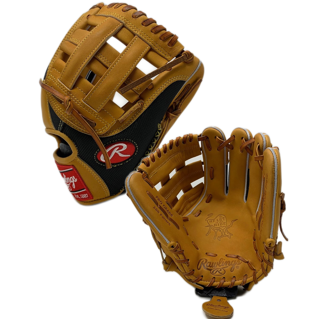   Constructed from Rawlings' world-renowned Tan Heart of the Hide steer leather and pro deco mesh back. Premium leather cap finger tips to preserve the shape of the glove and extend the life of the glove. Rawlings patented deerskin liner for a comfortable feel on the hand and thermoformed wrist which both wicks away moisture and is easy to clean/maintain.  11 ½ Inch  Pro H Web  Deco Pro Mesh Back  200 Pattern  Hand Sewn Welt Padded Thumb Deer Tanned Cowhide Lining    