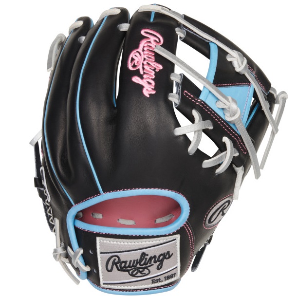 Add some color to your game with the Rawlings Heart of the Hide ColorSync 6 11.5-inch I web baseball glove. Rawlings crafted this gamer from ultra-premium steer-hide leather with an eye-grabbing black design with Columbia Blue accents. On top of that, the platinum laces give this ballglove an extra design spark that stands out from the crowd. This glove was built with a pink deer-tanned cowhide palm lining, thermoformed wrist lining, a padded thumb sleeve for unmatched comfort and feel. Also, the hand-sewn welting adds extra style and durability, it's all tied together by the ultra-rare Rawlings ColorSync patch. All together, this Heart of the Hide infield glove gives you pro-level performance with an eye-catching three-tone design. Its Pro 200-pattern is one of our most popular infield patterns of MLB players thanks to it's deep, wide pocket. The I-Web and unique colorway stand out when you flash leather anywhere on the diamond. Don't miss out on this limited edition HOH ColorSync 6 I-web glove.