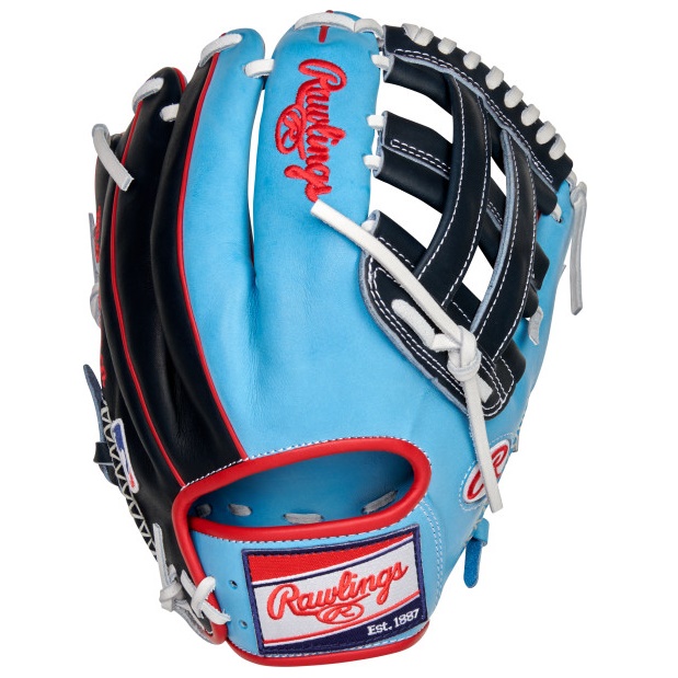 The Rawlings Heart of the Hide R2G ColorSync 6 12.25-inch glove is the perfect blend of style and performance. Designed with ultra-premium steer-hide leather and with a pop of color, it is sure to add a unique touch to your game. This R2G glove comes with 25% more factory break-in, making it more game-ready straight out of the box. The interior is lined with deer-tanned cowhide, padded thumb sleeve, and thermoformed wrist lining for superior fit and feel. The glove was crafted in the popular 12.25-inch KB17 pattern, which is the gameday model of superstar Kris Bryant and is a favorite among utility players for its deep round pocket that plays well in both the infield and outfield. This limited edition Heart of the Hide R2G ColorSync 6.0 12.25-inch glove in Columbia blue and navy is not only eye-catching but also built to last. Don't miss out on the opportunity to own this unique and stylish glove, order yours now before they are all gone!  