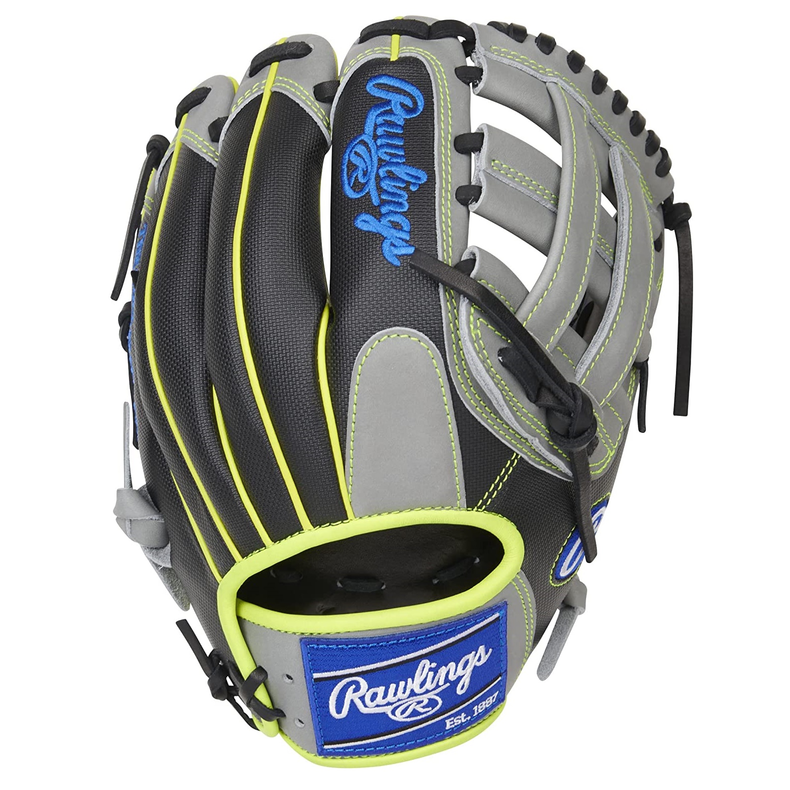 The Rawlings PRO205-6GRSS 11.75 inch glove is designed for infield players, specifically those playing shortstop and third base positions. It has a stiffer feel, which will require a break-in period of about 60% of the break-in to be done by the player to ensure a comfortable fit and optimal performance on the field. The glove has a standard fit, which is designed to fit a high school-to-adult sized hand, with a Rawlings' standard fit that includes regular finger stalls and a 7-inch to 7.5-inch wrist opening. The H-Web design and 205 pattern, which is the 11.75 inch Length, provides a deep pocket and standard palm width, closing the thumb to the 4th finger and pinky. The glove is constructed from top-grade U.S. steerhide and features a deer tanned cowhide inner palm lining to improve comfort for the hand inside the glove. The colorway of this glove is grey, black and lime binding. It also includes an XRD index finger pad on the back of the shell for elite protection, padded thumb sleeve, pro-grade leather laces that add durability and strength, and thermoformed padding for the back of the wrist for added comfort when the glove is in use. Additionally, the speed shell backing made of synthetic material inserted in place of regular leather on the glove's backing, reduces weight without compromising durability.