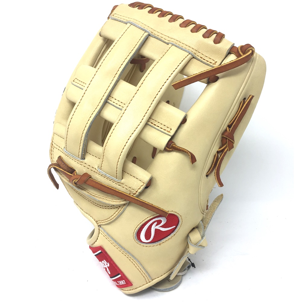 Rawlings Heart of the Hide PRO-303 pattern outfield baseball glove with camel leather and tan laces. The first preferred baseball gloves featured this popular colorway. This 12.75 pro pattern glove features the Pro H web that provides a wide, deep pocket great for outfielders. Full heel pad and no palm pad. Linning: Camel Binding: Camel Lace Color: Tan Wrist Liner: Thermoformed  