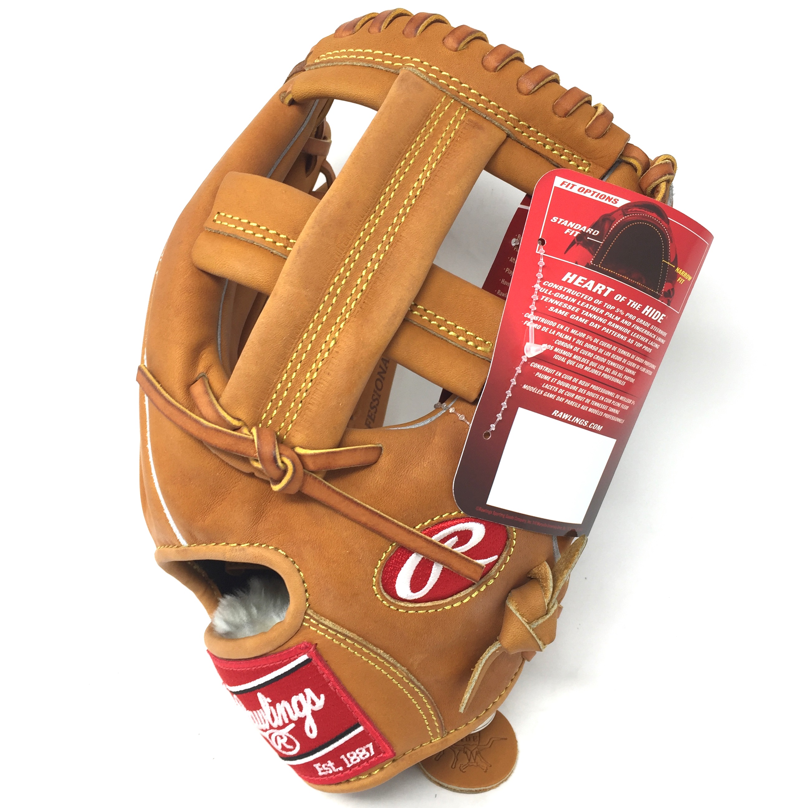 The Rawlings PROSPT Heart of the Hide Baseball Glove is 11.75 inch. Made with Horween C55 tanned Heart of Hide leather. Stiff with break in needed. 11.75 inch pattern and I Web makes this glove a excellent short stop or third base mitt. Deer tanned cowhide inside lining and no palm pad. Made in the Phillipines. This Rawlings baseball glove is a pro model with pro performance. World renowed Heart of the Hide leather for unmatched durability. Crafted from authentic Rawlings Pro patterns. Produced by the world finest glove technicians. Soft full grain leather palm and finger back lining provide exemplary comfort. USA tanned leather lacing for durability.