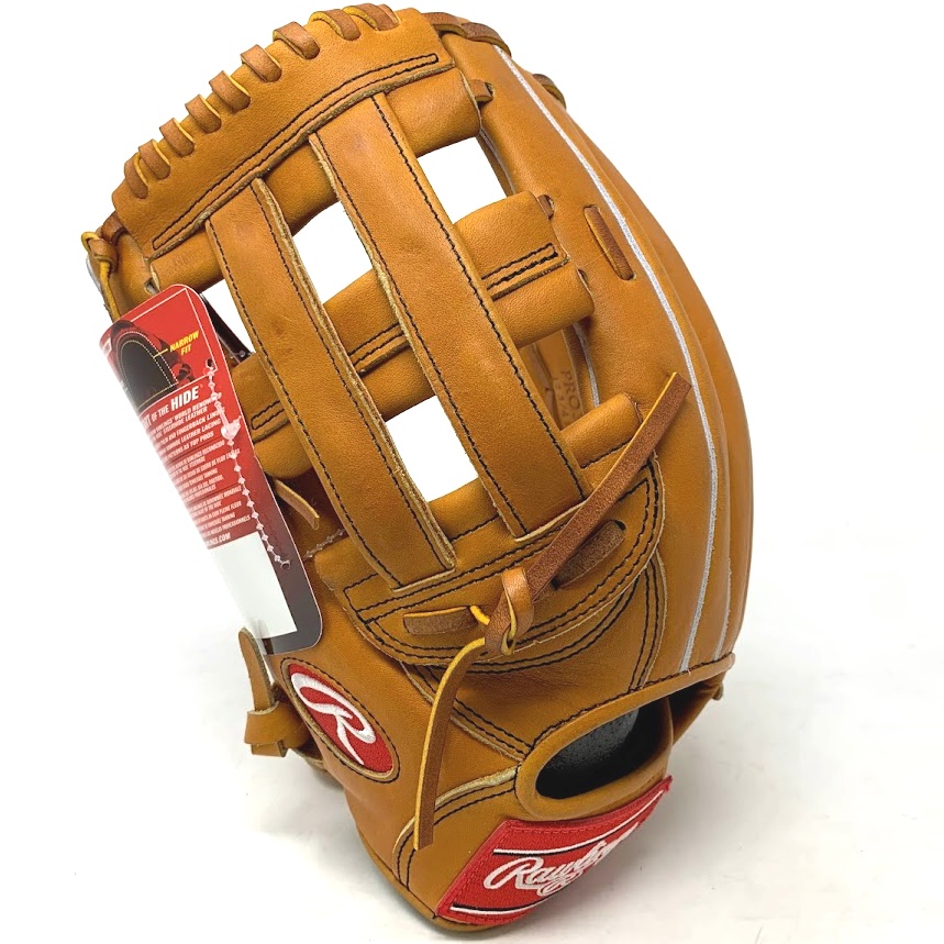 Rawlings most popular outfield pattern in classic Horween Tan Leather.  12.75 Inch H Web. The Rawlings 303 Outfield Baseball Glove is a top-of-the-line choice for serious players. It features exclusive Horween leather, which is known for its durability, stiffness, and timeless aesthetic. Horween leather is a premium leather that is produced in Chicago, Illinois, which is tanned using traditional methods to produce some of the finest leathers in the world. This leather gives the glove has a comfortable feel and a great look. The 303 model is designed for outfielders, with a deep pocket that makes it easy to secure the ball and a wide web that provides added support when making catches.  The Rawlings 303 Outfield Baseball Glove is perfect for players of top levels looking for a top-quality glove that will help them perform at their best. It is a perfect blend of quality, durability, and style.  Left Hand Throw 12.75 Inch Horween Leather 