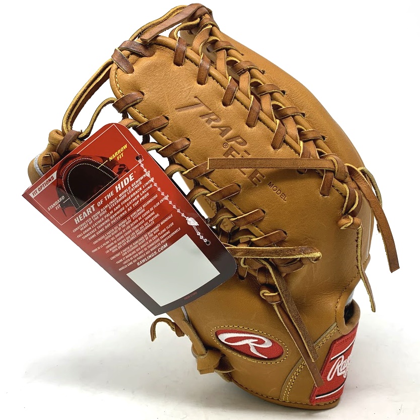 Classic Rawlings remake of Rawlings PROT 12.75 inch baseball glove in left hand throw. Horween tan leather open back. Gold Stitch.  12.75 Inch Open Back Trap Web Microform Wrist Pad 