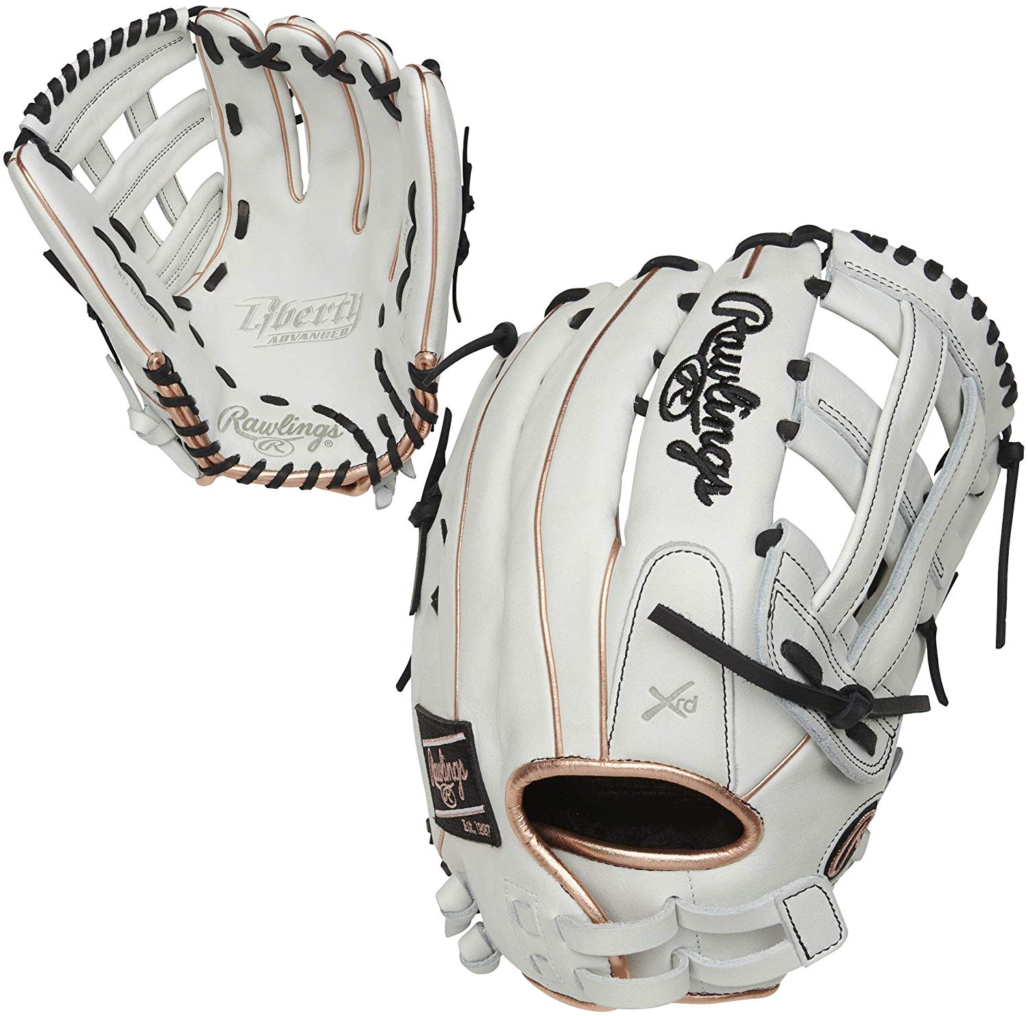 White/Rose Gold/Black Colorway 13 Inch Model H Web Break-In: 70% Factory / 30% Player Custom Fit, Adjustable, Non-Slip Pull Strap Back.