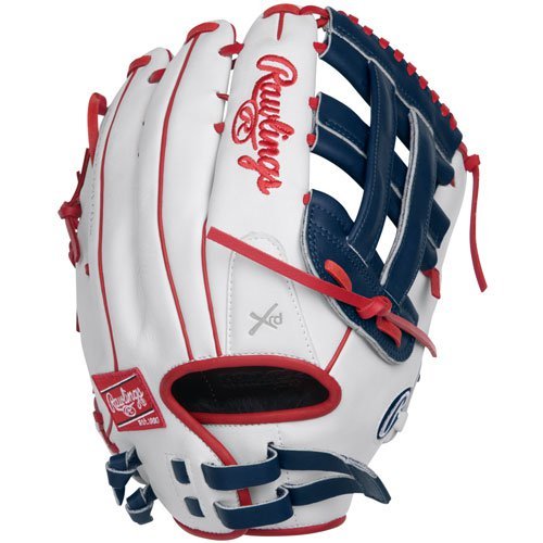 The perfectly balanced patterns of the updated Liberty Advanced series from Rawlings are designed to provide an improved level of control and comfort. Constructed with a full-grain oil treated leather shell and all leather laces. 80% Factory break-in for a game ready feel out of the wrapper. - Limited Edition Color Series - White/Navy/Scarlet Colorway - 13 Inch Slowpitch Model - H Web - Full-Grain Oil Treated Leather Shell - Game-Ready Feel - Break-In: 80% Factory / 20% Player - Poron XRD Palm and Index Finger Pads - All Leather Laces - Excellent Fit and Control - Custom Fit, Adjustable, Non-Slip Pull Strap Back