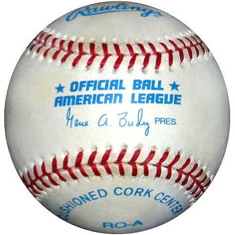 Rawlings Official American League Game Ball (1 ea) : The 1995 to1999 Official American League Baseballs are identical in design as the 1994 baseball but for the change in League Presidents. The Bobby Brown Pres is replaced by The Gene Budig signature on baseball. This is the last Official American League baseball. Starting in the year 2000 Rawlings introduced the newly designed official Allan H. Selig Major League baseballs for use in both the American, and National Leagues.