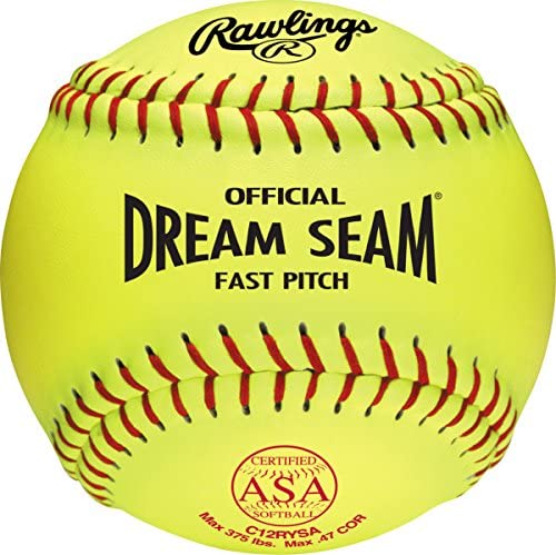 SINGLE C12RYSA SOFTBALL ASA NFHS approved fastpitch softball Yellow cover & 88 Red stitches Poly x core Pro TAC synthetic cover 47 c. O. Gear will and 375 lbs compression. This 12 inch fastpitch softball has 47 C. O. R. and 375 lbs compression with Red stitching. This softball has a Poly-X cork and Pro Tac synthetic cover. This is approved for NFHS & ASA fast pitch play.