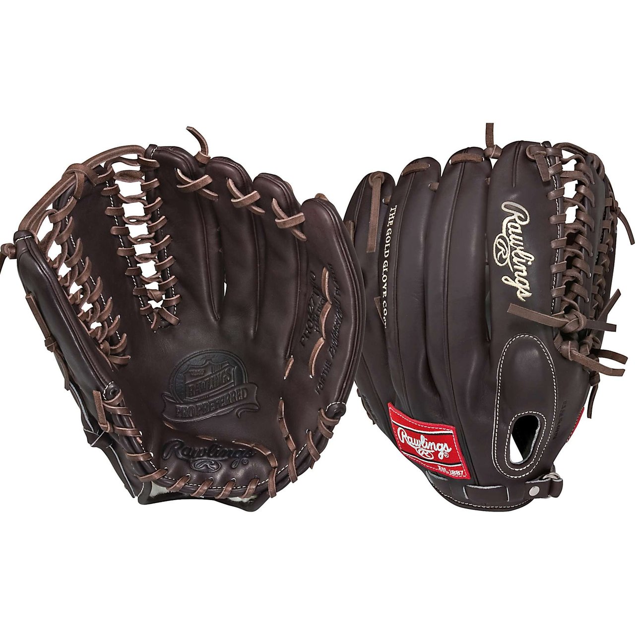 Rawlings PROS27TMO Pro Preferred Mocha 12.75 inch Baseball Glove (Right Handed Throw) : This Pro Preferred 12 34 baseball glove from Rawlings features the Trap-Eze Web with a Fastback. With its deep pocket and open web, it is the most popular pattern among outfielders. The Pro Preferred line is made with supple Kip leather that provides a smooth look and feel. The Pittards performance sheepskin lining wicks away moisture and sweat to keep your hand dry and allows the glove to last several seasons.