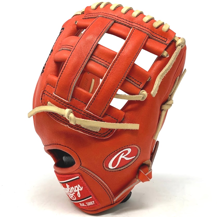 Rawlings Heart of the Red/Orange leather in 12 inch 200 Pattern H Web.  12 Inch 200 Pattern H Web Rolled Welt Black Stitch Padded Thumb Thermo Wrist                  Rawlings had a limited amount of this red/orange Heart of the Hide leather to use. Some call the leather blood red, but still a unique leather and color.     