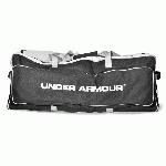 Under Armour Catchers Equipment Bag with Rollers 36 x 12 x 15 (Black) : Under Armour UACEB-1RB Pro Wheeled Catching Equipment Bag. This roller bag features a large center compartment which holds everything from helmets and gloves to shoes, bats, and a complete set of catcher's gear. The large outer compartment stores up to 4 bats. Bag ships folded, yet interior rails telescope to give bag a rigid bottom throughout the bag length. Wide wheel base in reinforced with wrap around plastic plate to prevent bag sag, and integrated skid rails protect bag while dragging up stairs and over curbs.