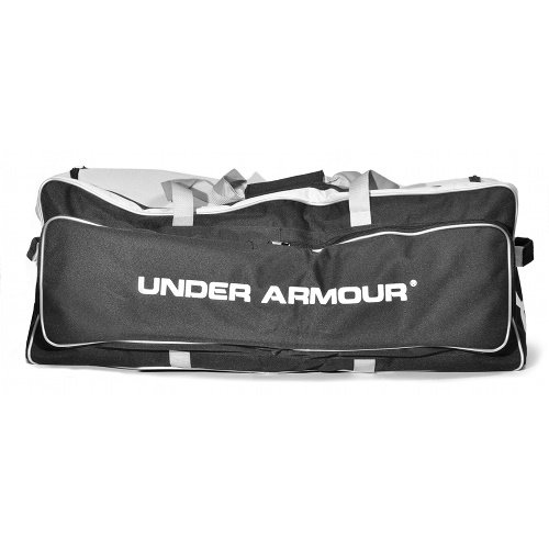 Under Armour Catchers Equipment Bag with Rollers 36 x 12 x 15 (Black) : Under Armour UACEB-1RB Pro Wheeled Catching Equipment Bag. This roller bag features a large center compartment which holds everything from helmets and gloves to shoes, bats, and a complete set of catcher's gear. The large outer compartment stores up to 4 bats. Bag ships folded, yet interior rails telescope to give bag a rigid bottom throughout the bag length. Wide wheel base in reinforced with wrap around plastic plate to prevent bag sag, and integrated skid rails protect bag while dragging up stairs and over curbs.