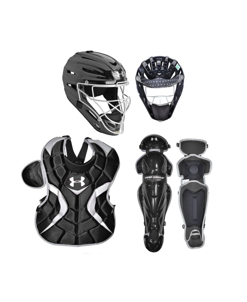 Under Armour Junior Age 9-12 PTH Victory Series Catchers Set (Navy) : Under Armour PTH Victory Series UACK2-JRVS Junior 9-12 Yr Catcher's Kit Kit includes the following items Under Armour PTH Victory Series UAHG2-YVS Youth Solid Molded Catching Mask Solid molded mask featuring a high impact resistant ABS plastic shell designed to deflect and absorb impacts. I-B