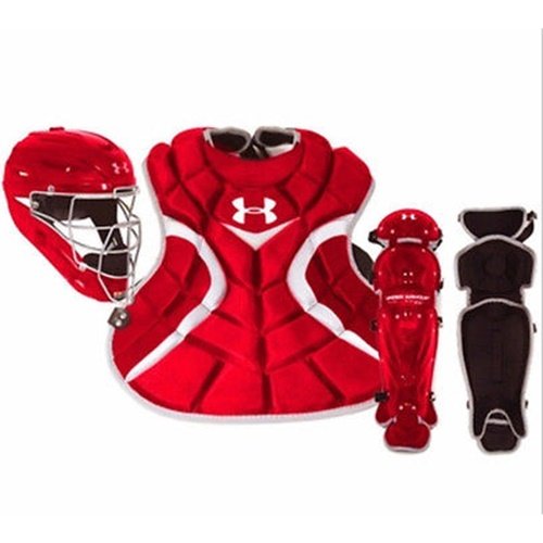 Under Armour Youth Age 7-9 Victory Series Catchers Set (Scarlet) : Pro Headgear: I-Bar Vision increases vision and cage strength. Pro Headgear: Injection-molded ABS shell delivers lightweight, sturdy performancea must for any catcher's protective gear. Pro Headgear: Sleek design maximizes protection and ball deflection. Pro Headgear: Hat Size: 6 147. Pro Chest Protector: Signature MPZ construction and low-rebound foam deaden impact for easy-to-recover blocked balls. Pro Chest Protector: Tough plastic inserts at throat, shoulders, and abs maximize protection. Pro Chest Protector: Heat Gear technology keeps catchers cool, dry, and light all season long. Chest Protector Length: 13.5 inch. Pro Leg Guards: Triple-knee construction bolsters mobility and protection. Pro Leg Guards: Built with extra-thick plastic in areas that take the most abuse. Pro Leg Guards: Breathable mesh backing and 38 ventilation ports are essential in the heat. Leg Guards Length: 11.5 inch. Imported.