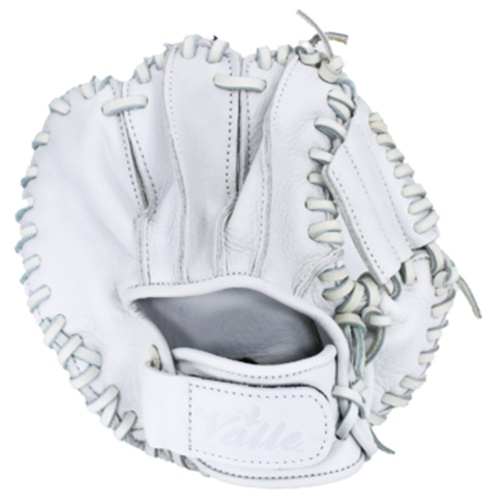 The Valle Eagle KK Trainer 4 Finger in the Valle trademark  all white color. The Eagle KK 4 Finger combines the great design of a semi flat style training glove that promotes the use during practice time of using two hands, but has the feel of a game glove with a slot for each finger and flexibility to allow the fielder to be loose and relaxed.