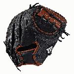 Catcher's model; half moon web Black SuperSkin, twice as strong as regular leather, but half the weight Copper and black Pro Stock Select leather, chosen for its consistency and flawlessness Rolled dual welting for long-lasting shape and quicker break-in Double palm construction, providing maximum pocket stability and 3x more shaping to help reduce break-in time