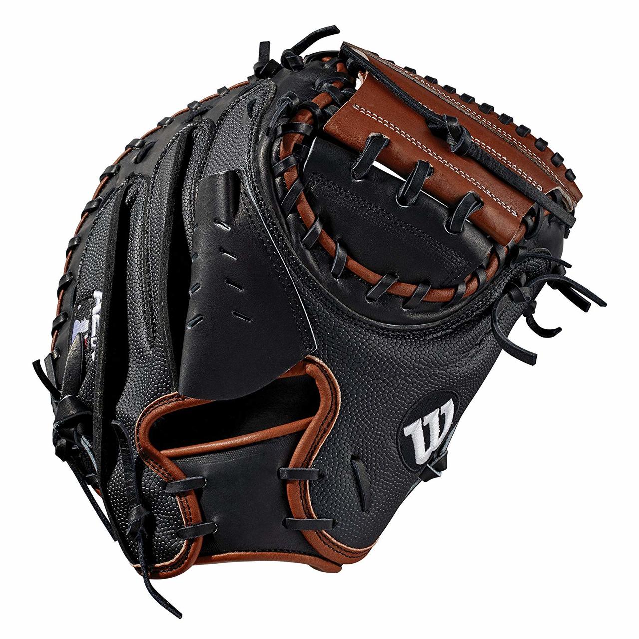 Catcher's model; half moon web Black SuperSkin, twice as strong as regular leather, but half the weight Copper and black Pro Stock Select leather, chosen for its consistency and flawlessness Rolled dual welting for long-lasting shape and quicker break-in Double palm construction, providing maximum pocket stability and 3x more shaping to help reduce break-in time