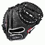 33 catcher's mitt Half moon web Grey and black Full-Grain leather Velcro back. The A1000 line of gloves has the Pro Stock patterns you see in ballparks everywhere, in a soft, yet sturdy leather that's game-ready right away. The A1000 models are hand-designed patterns continuously improved by the Wilson Baseball team, optimized for faster break-in so you can make an immediate impact. Our best A1000 ever captures the true feel of an A2000 but with game-ready materials. A full grain leather shell, rawhide laces, and leather lining gives the glove strength where you need it, softness where you don't. - 11.5 Inch Model - Full-Grain Leather Shell - Rawhide Laces - Leather Lining - True Pro Stock Feel - Game Ready