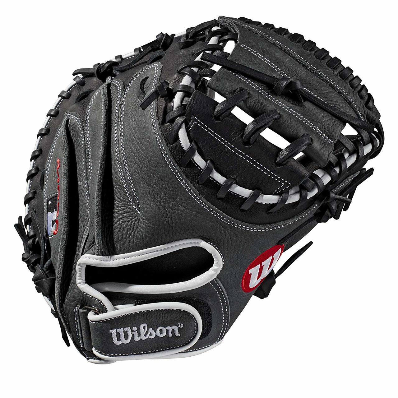 33 catcher's mitt Half moon web Grey and black Full-Grain leather Velcro back. The A1000 line of gloves has the Pro Stock patterns you see in ballparks everywhere, in a soft, yet sturdy leather that's game-ready right away. The A1000 models are hand-designed patterns continuously improved by the Wilson Baseball team, optimized for faster break-in so you can make an immediate impact. Our best A1000 ever captures the true feel of an A2000 but with game-ready materials. A full grain leather shell, rawhide laces, and leather lining gives the glove strength where you need it, softness where you don't. - 11.5 Inch Model - Full-Grain Leather Shell - Rawhide Laces - Leather Lining - True Pro Stock Feel - Game Ready