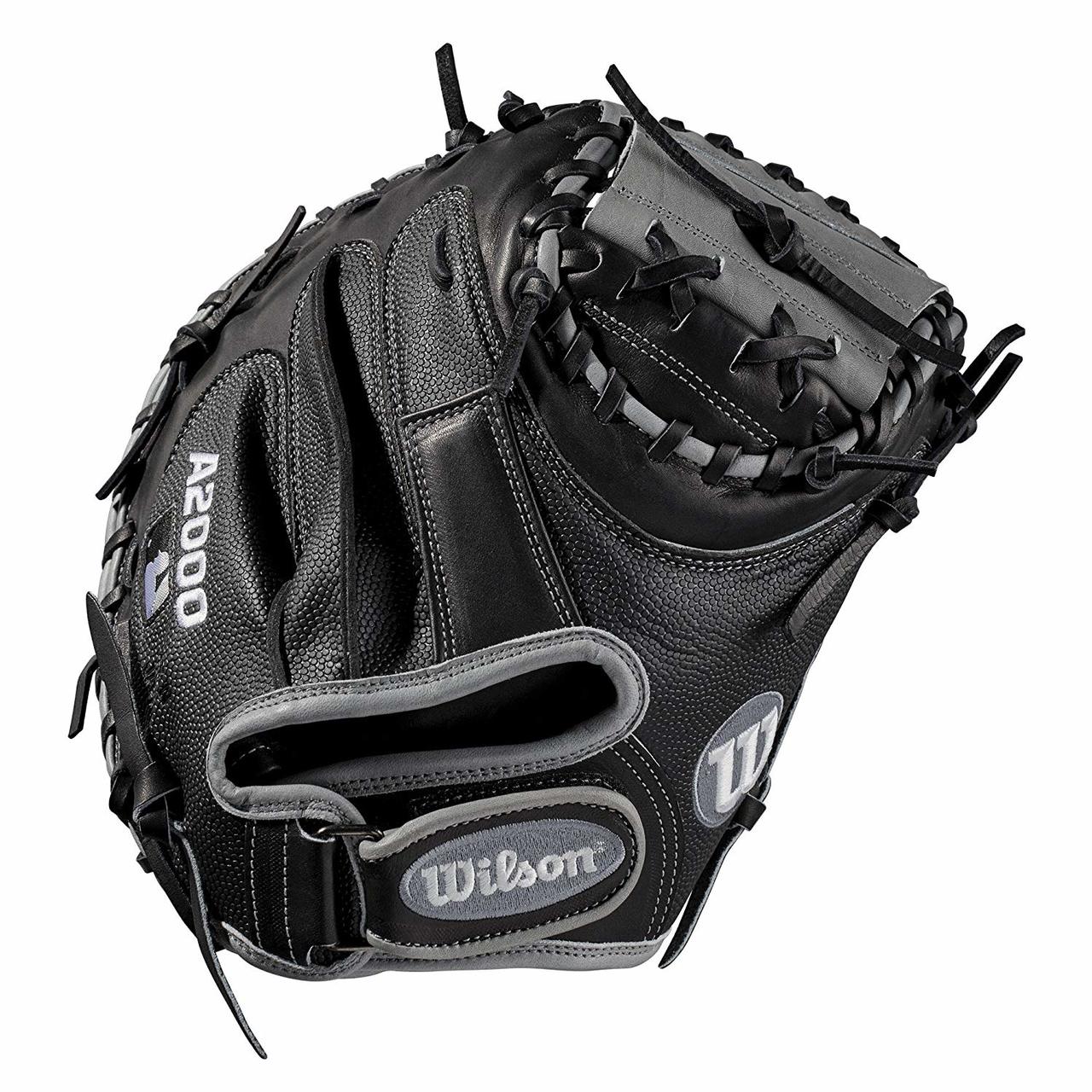 Catcher's model; half moon web; extended palm Velcro wrist strap for comfort and control Black SuperSkin, twice as strong as regular leather, but half the weight Black/grey Pro Stock leather for a long lasting glove and a great break-in Drilex wrist lining to keep your hand cool and dry.